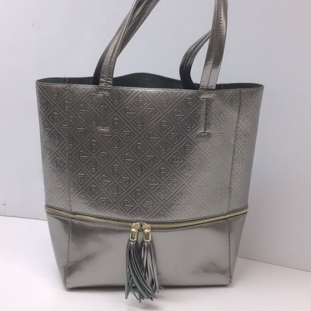 R Pewter Tote Silver Gold Tassel open Bag